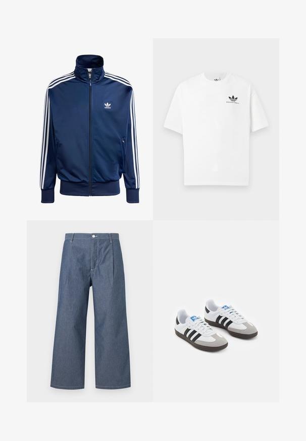 Námornícky modrá adidas športová bunda vyrobená z hladkej látky, s vysokým golierom, celoplošným zipsom a tromi bielymi pruhmi na každom rukáve.; Biela bavlnená tričko s krátkymi rukávmi, s čiernym logom "BASKETBALL" a ikonickým trojprúžkovým dizajnom na prednej strane.; Ľahké denimové nohavice v tmavomodrom odtieni, s vysokým pásom, širokými nohami, prednými skladmi a gombíkovým zapínaním.; Športové topánky s bielym koženým zvrškom, šedou semišovou špičkou a tromi čiernymi pruhmi. Obsahujú modré logo na jazyku a štruktúrovanú gumovú podrážku.