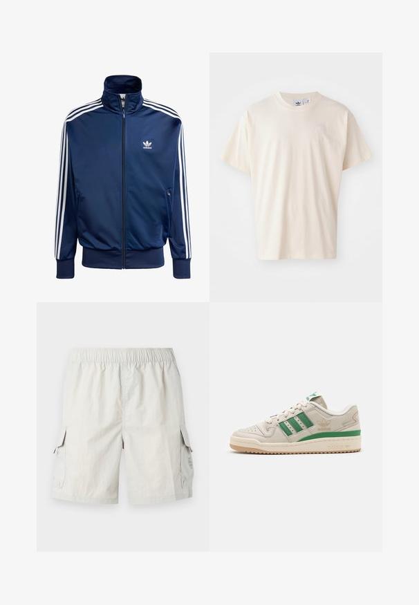 Mørkeblå Adidas træningsjakke lavet af glat stof, med høj krave, fuld lynlås og tre hvide striber på hver ærme.; Cremefarvet bomulds T-shirt med rund halsudskæring og korte ærmer; har et lille, lysfarvet logo på brystet.; Lys grå cargo shorts med elastisk talje, der har to sidelommer og et diskret logo på venstre lomme.; Adidas sneakers med en beige læderoverdel, grønne striber og en gummisål. Har en polstret krave og perforeret tå for åndbarhed.