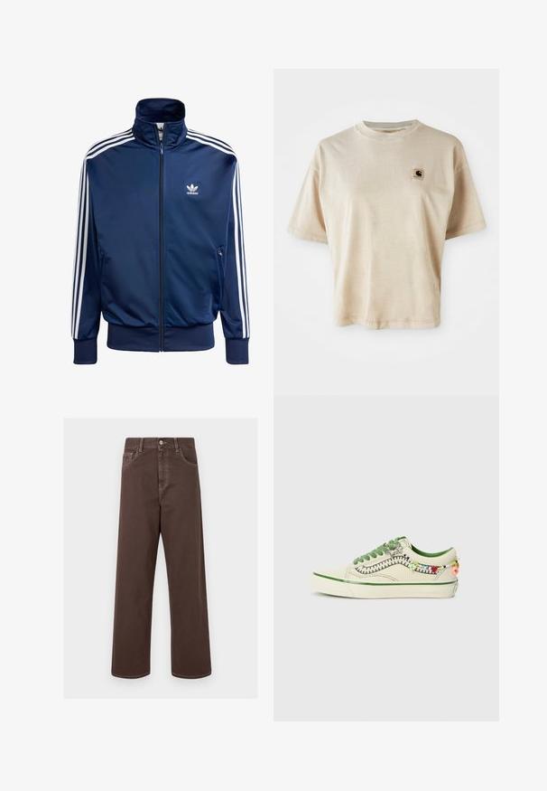 Navy blå Adidas treningsjakke laget av glatt stoff, med høy krage, hel glidelås og tre hvite striper på hver erme.; Beige bomulls t-skjorte med avslappet passform, rund hals, korte ermer og et lite kvadratisk logo-lapp på venstre brystområde.; Brune vide ben bukser i denim med kontrasterende syninger, fem lommer og metalknaplukning. Glat tekstur, lige snit.; Vans OLD SKOOL COCONA - Joggesko - cream