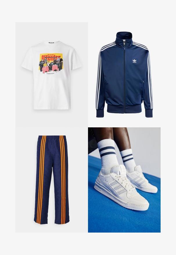 Temno modra Adidas jakna za trening iz gladkega materiala, s visokim ovratnikom, polnim zadrgo in tremi belimi črtami na vsaki rokavi.; Bela bomba majica iz bombaža s pisanom grafiko skupine za mizo, pri čemer so rdeče karirane prtne in besedilo, ki pravi "WEEKEND OFFENDER."; Modre trenirke s celotnim vzorcem in oranžnimi črtami ob straneh, ki imajo udoben elastičen pas in ohlapen kroj.; Beli usnjeni copati z perforiranimi detajli, tremi kovinskimi črtami in teksturiranim stranskim delom. Obuti z belimi nogavicami z modrimi črtami.