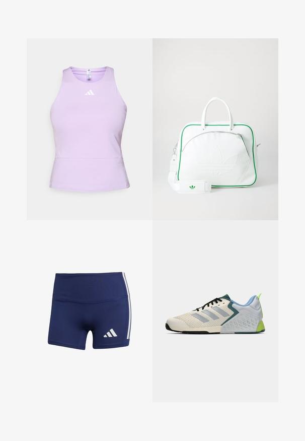 Dunkelblaues Adidas-Track-Jacke aus glattem Material, mit hohem Kragen, durchgehendem Reißverschluss und drei weißen Streifen an jedem Ärmel.; Lila Sporttanktop aus glattem Material mit figurerendem Design, ausgestattet mit einem Rundhalsausschnitt und einem weißen Adidas-Logo auf der Brust.; Marineblaue Sportshorts mit enganliegendem Schnitt, aus glattem Stoff, mit weißen seitlichen Streifen und einem Logo auf der unteren linken Seite.; Leichte Sportschuhe mit einem cremefarbenen Mesh-Obermaterial, grauen Streifen, einer grünen Akzentfarbe und einer strukturierten blauen Fersenkappe. Schwarze Schnürsenkel.; Weiße Lederhandtasche mit grünen Akzenten, ausgestattet mit einem auffälligen geprägten Logo, zwei Griffen, einem abnehmbaren Schulterriemen und einer Reißverschlusstasche auf der Vorderseite.
