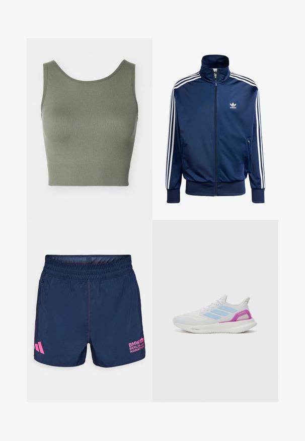 Navy blå Adidas treningsjakke laget av glatt stoff, med høy krage, hel glidelås og tre hvite striper på hver erme.; ONLY Play ONPJAIA LIFE SEAM SHORT - Topper - kalamata; adidas Performance BER25 OTR SHORTS - Sports shorts - collegiate navy; adidas Performance PUREBOOST 5 - Løpesko for vei - white/glow blue/purple burst