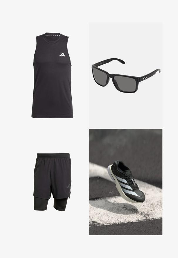 Sötétkék Adidas tréningdzseki sima anyagból, magas gallérral, teljes cipzárral és mindkét ujján három fehér csíkkal.; Fekete ujjatlan sportos top sima anyagból, kerek nyakkivágással és fehér logóval a bal mellen.; Fekete sportnadrág beépített belső résszel, lélegző anyagból készült. Diszkrét logóval és struktúrált textúrával rendelkezik. Állítható derékpánt.; Fekete sportcipő, három fehér csíkkal, texturált felsőrész, elegáns dizájn és ívelt talp, egy fehér vonal felett aszfalton elhelyezve.; Fekete napszemüveg vastag műanyag kerettel, sötétszürke lencsékkel és diszkrét fémes részletekkel a szárakon. Négyzet alakú, sima felülettel.