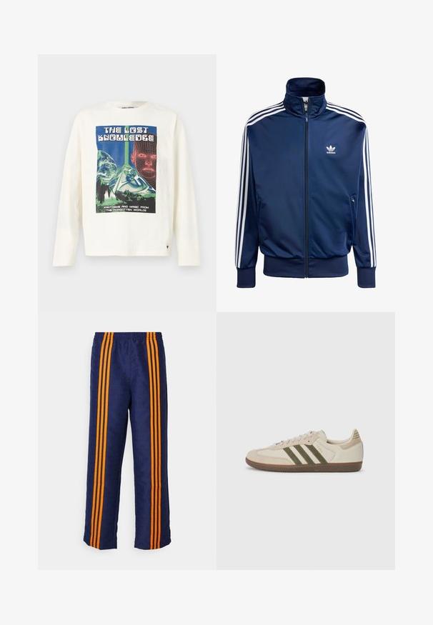 Veste de survêtement Adidas bleu marine en tissu lisse, avec un col haut, une fermeture éclair intégrale et trois bandes blanches sur chaque manche.; T-shirt à manches longues crème avec un imprimé graphique coloré intitulé "La Connaissance Perdue", représentant une pyramide et des éléments de visage numérique.; Pantalons de sport bleus avec un motif intégral et des bandes orange sur les côtés, dotés d'une taille élastique confortable et d'une coupe ample.; adidas Originals SAMBA OG UNISEX - Baskets basses - alumina/medium dark khaki/gum