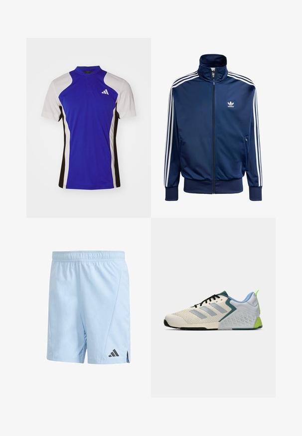 Chaqueta de chándal Adidas de color azul marino, confeccionada en tela suave, presenta un cuello alto, cremallera completa y tres franjas blancas en cada manga.; Camisa atlética azul de manga corta, con acentos en blanco y negro. El material parece suave, con un cuello simulado y un detalle de logotipo.; Shorts deportivos de color azul claro, fabricados con material ligero. Presentan una cintura elástica y el logo negro de Adidas en la parte inferior izquierda.; Zapatillas deportivas ligeras con parte superior de malla color crema, franjas grises, un acento verde y un contador de talón texturizado en azul. Cordones negros.