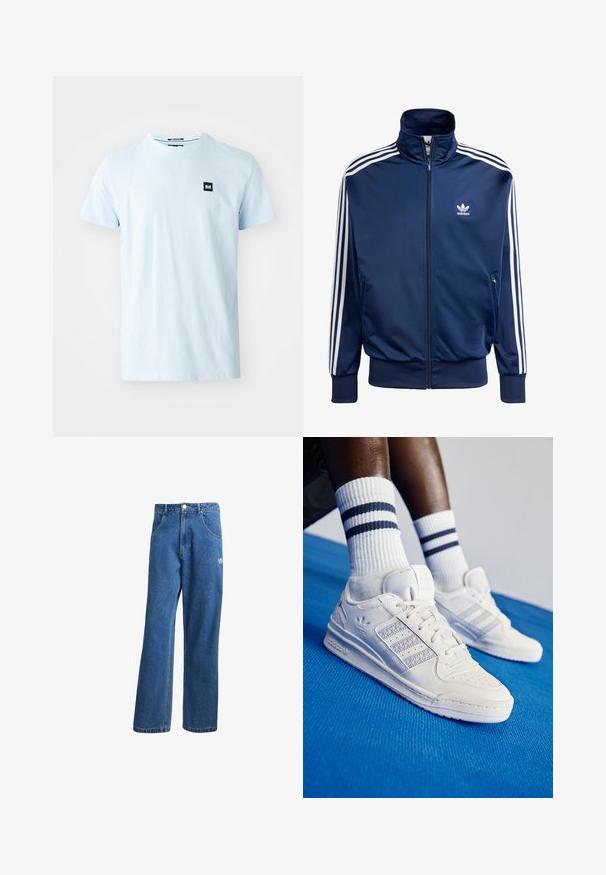 Temno modra Adidas jakna za trening iz gladkega materiala, s visokim ovratnikom, polnim zadrgo in tremi belimi črtami na vsaki rokavi.; Svijetloplava pamučna majica s okruglim izrezom i kratkim rukavima. Ima mali crni kvadratni logotip na lijevoj strani prsnog područja.; Modre visoko pasu široke denim kavbojke z sprednjimi žepi, zankami za pas, gumbom za zapiranje in majhnim logotipom Adidas na desni stegno.; Beli usnjeni copati z perforiranimi detajli, tremi kovinskimi črtami in teksturiranim stranskim delom. Obuti z belimi nogavicami z modrimi črtami.