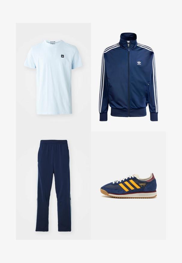 Mørkeblå Adidas træningsjakke lavet af glat stof, med høj krave, fuld lynlås og tre hvide striber på hver ærme.; Lyseblå bomulds-T-shirt med rund halsudskæring og korte ærmer. Har et lille sort firkantet logo på venstre brystområde.; Marineblå joggebukser lavet af strækbart materiale, med en bred elastisk talje, lige pasform og lette sidepanel accenter med logoer.; Marineblå suede sneakers med gule striber, hvide snørebånd og burgunder accenter. Tekstureret sål med riller for bedre greb. Brandlogo på siden.