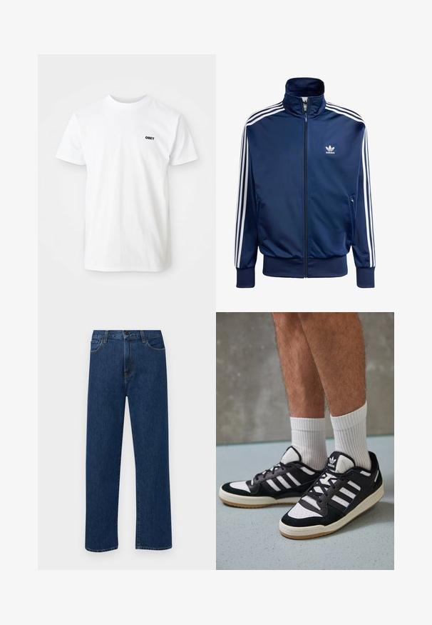Casaco de treino Adidas azul-marinho feito de tecido suave, com gola alta, fecho de correr completo e três riscas brancas em cada manga.; T-shirt branca de algodão com mangas curtas e gola redonda, apresentando um pequeno logo preto "OBEY" na área do peito esquerdo.; Jeans de denim azul escuro, de perna reta, com bolsos frontais e fecho de botão, exibidos sobre um fundo branco liso.; Ténis em preto e branco com upper em camurça e couro, apresentando três riscas brancas, um toe perfurado e uma sola em borracha de goma.