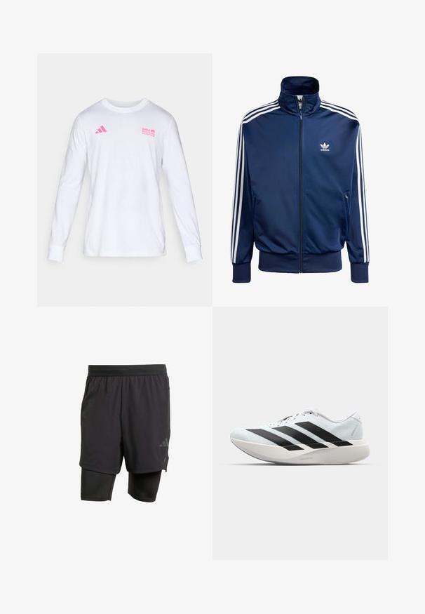 Tamsiai mėlynas Adidas treniruočių švarkas, pagamintas iš lygaus audinio, su aukštu apykakle, pilnu užtrauktuku ir trimis baltais šalmais kiekvienoje rankovėje.; Balta ilgomis rankovėmis marškiniai su apvaliu kaklu, su rožine Adidas logotipu ir BMW Berlyno maratono užrašu ant krūtinės.; Juodos sportinės šortai su integruota vidine dalimi, pagaminti iš kvėpuojančios medžiagos. Apsaugotas logotipas ir struktūrizuota tekstūra. Reguliuojamas juosmuo.; Lengvi bėgimo batai šviesiai mėlynos spalvos su juodomis juostelėmis. Yra lygus viršus, apvalus pirštas ir storas baltas vidpadis su užrašu "LIGHTSTRIKE PRO."