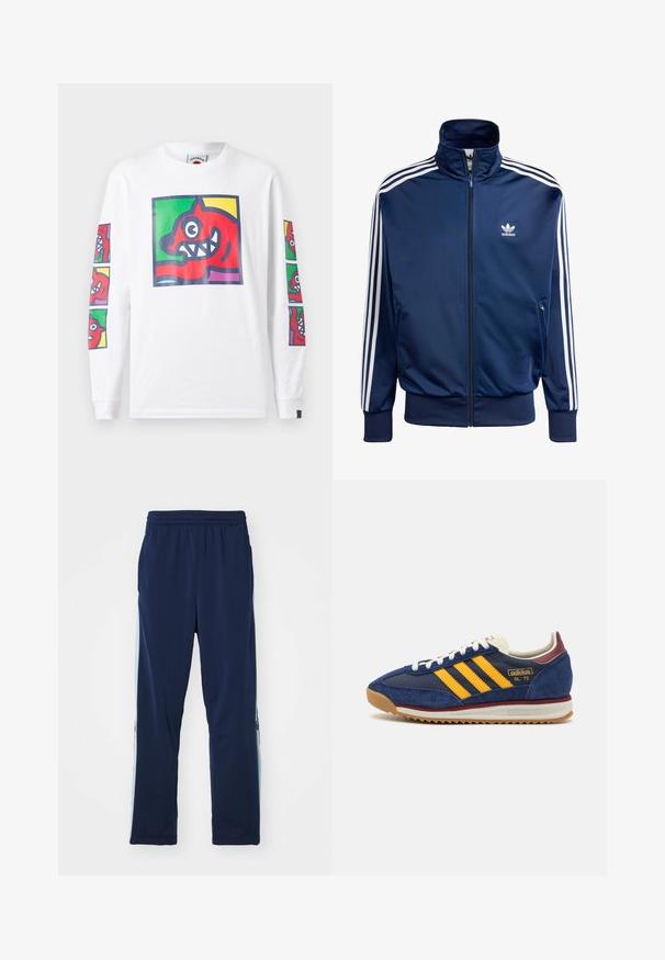 Marineblauwe Adidas trainingsjack van gladde stof, met een hoge kraag, volledige rits en drie witte strepen op elke mouw.; Wit T-shirt met lange mouwen, versierd met kleurrijke grafische prints van een rode creatuur met scherpe tanden aan de voorkant en mouwen, gemaakt van katoen.; Marineblauwe sportbroek gemaakt van rekbare stof, met een brede elastische tailleband, rechte snit en lichte zijpaneelaccenten met logo's.; Marine blauwe suède sneaker met gele strepen, witte veters en bordeauxrode accenten. Textuurzool met groeven voor grip. Merksymbool aan de zijkant.