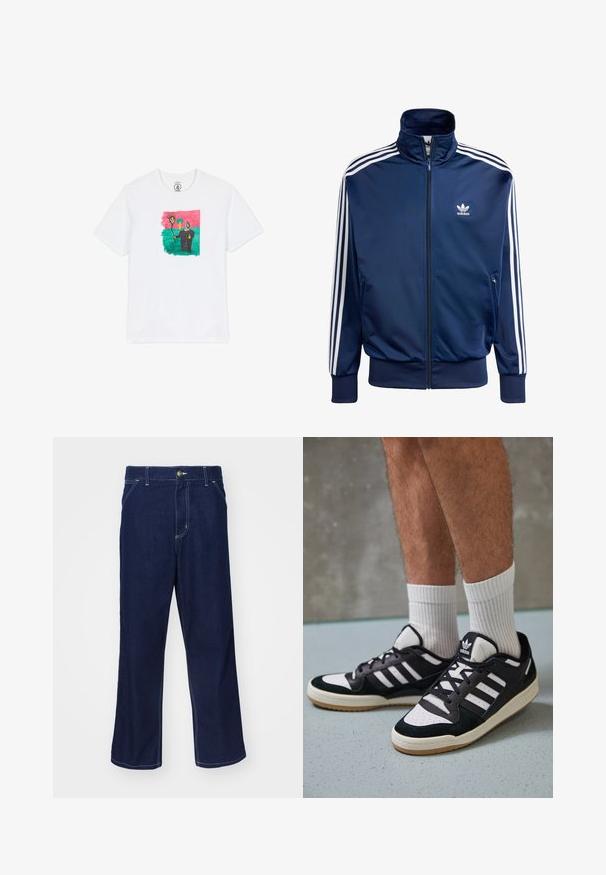 Dunkelblaues Adidas-Track-Jacke aus glattem Material, mit hohem Kragen, durchgehendem Reißverschluss und drei weißen Streifen an jedem Ärmel.; Weißes Baumwoll-T-Shirt mit einer bunten, abstrakten Zeichnung, die eine Sonne und eine Figur auf einem grünen Hintergrund zeigt, eingerahmt von Pink. Mit kurzen Ärmeln.; Dunkelblaue Denim-Hosen mit geradem Bein, versehen mit hellen Nähdetails und einem vorderen Knopfverschluss. Glatte Textur.; Schwarz-weiße Sneaker mit einem Obermaterial aus Wildleder und Leder, ausgestattet mit drei weißen Streifen, einer perforierten Zehenpartie und einer Sohle aus Gummi.
