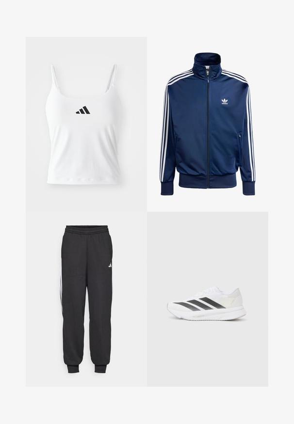 Tamsiai mėlynas Adidas treniruočių švarkas, pagamintas iš lygaus audinio, su aukštu apykakle, pilnu užtrauktuku ir trimis baltais šalmais kiekvienoje rankovėje.; Baltas marškinėliai be rankovių su plonais petnešomis, ant priekinės pusės su juodu adidas logotipu. Audinys turi lygią tekstūrą ir prigludusį siluetą.; Juodos sportinės kelnės su elastinga juosmens juosta, siaurėjančiomis kulkšnimis ir baltomis šoninėmis juostelėmis. Pagamintos iš minkštos medžiagos su lygiu paviršiumi.; Baltos sportinės bateliai su juodomis įstrižainėmis, tinklinė viršutinė dalis, apvalus pirštas ir tekstūruotas padas. Priedai apima sidabrinį kulną ir minimalistinį dizainą.