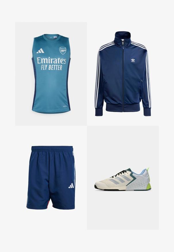 Tamno plava Adidas trenirka od glatke tkanine, s visokim ovratnikom, punim patentnim zatvaračem i tri bijele pruge na svakoj rukavu.; Akvana bezrukavna majica s Arsenal logom, natpisom "Emirates Fly Better" i tamnoplave bočne akcentima. Izrađena od glatkog materijala.; Tamno plave atletske kratke hlače s elastičnom gumicom u struku, bočnim bijelim prugama i malim bijelim logotipom na donjoj lijevoj nozi. Lagani materijal.; Lagane atletske cipele s gornjim dijelom od kremaste mreže, sivoj prugama, zelenim akcentom i teksturiranim plavim potporom pete. Crne vezice.