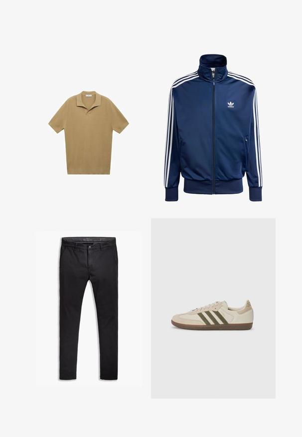 Námořnická modrá tréninková bunda Adidas, vyrobená z hladkého materiálu, s vysokým límcem, plným zipem a třemi bílými pruhy na každém rukávu.; Polo tričko s krátkým rukávem v světle hnědé barvě z ribbovaného úpletu; má výstřih ve tvaru notče a rovný lem, s protextovanými liniemi po celém povrchu.; Černé bavlněné chinos kalhoty s tapered střihem, vybavené pěti kapsami, poutky na opasek a hladkým povrchem. Zapínání na zip s knoflíkovým uzávěrem.; adidas Originals SAMBA OG UNISEX - Tenisky - alumina/medium dark khaki/gum