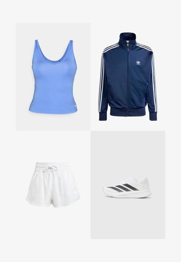 Tume sinine Adidas spordijakk, mis on valmistatud siledast kangast, kõrge kaelusega, täispikk zip-sulguriga ja igal varrukal on kolm valget triipu.; Sinine tank top, mis on valmistatud siledast kangast, laeva kaeluse ja kitsaste rihmadega. Omab istuvat lõiget ja väikest logo alläärmisel.; Valged spordilühikesed püksid elastse vöökoha ja reguleeritava paelaga. Valmistatud kergest materjalist, küljetaskudega ja lõdva istuvusega.; Valged sportlikud jalanõud mustade diagonaalsete triipudega, võrkkattega, ümarate varvastega ja tekstuurse tallaga. Aktsentideks on hõbedane kand ja minimalistlik disain.