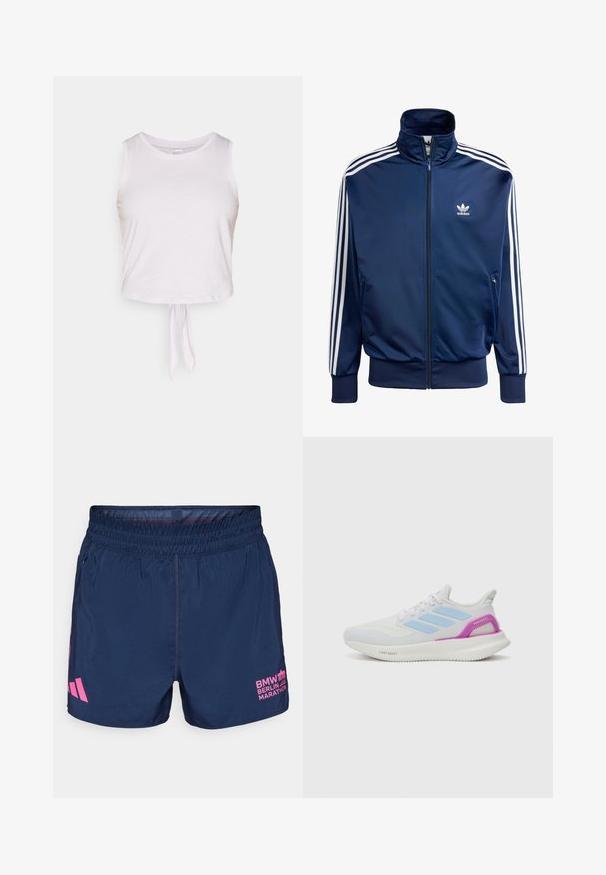 Navy blå Adidas treningsjakke laget av glatt stoff, med høy krage, hel glidelås og tre hvite striper på hver erme.; Hvit kort croppet tanktop laget av myk stoff, med en scoop-nakke og et knytebånddetalj i kanten for en tettsittende look.; adidas Performance BER25 OTR SHORTS - Sports shorts - collegiate navy; adidas Performance PUREBOOST 5 - Løpesko for vei - white/glow blue/purple burst