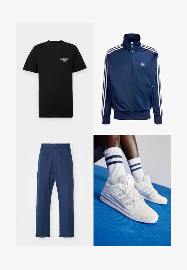 Námornícky modrá adidas športová bunda vyrobená z hladkej látky, s vysokým golierom, celoplošným zipsom a tromi bielymi pruhmi na každom rukáve.; Čierne bavlnené tričko s krátkymi rukávmi a okrúhlym výstrihom, s bielou potlačou loga na ľavej hrudi. Hladká textúra, štandardný strih.; Námornícke modré, rovné nohavice vyrobené z bavlny. Disponujú predným zapínaním na gombík a jemnou textúrou, s bočnými vreckami a pútkami na opasok.; Biele kožené tenisky s perforovanými akcentmi, tromi kovovými pruhmi a štruktúrovanou bočnou panelou. Nosené s bielymi ponožkami s modrými pruhmi.