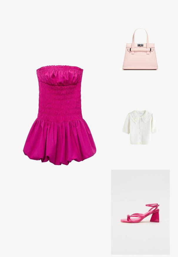 Gilet en tricot blanc avec des manches courtes, texture côtelée et un grand col en dentelle festonnée. Six boutons sur le devant.; Robe sans bretelles fuchsia avec un corsage froncé et une jupe évasée volumineuse. Fabriquée en tissu lisse, avec un bord supérieur gathered.; Sandales à talons en cuir verni rose avec un bout carré, des brides étroites et un talon bloc géométrique. Comprend un détail de boucle sur la bride.; Sac à main structuré rose en cuir texturé, avec deux anses supérieures, un fermoir et des accents en métal contrastés.