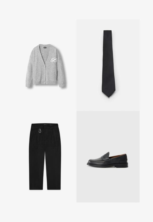 Pelēks vilnas kardigāns ar V-veida kakla izgriezumu, garām piedurknēm, piecām pogām un baltu logo kreisajā pusē. Mīksta tekstūra, brīvs piegriezums.; Baltas garām piedurknēm krekli divu iepakojumā, ar pogu aizdari priekšā, apkakli un aprocēm, izgatavoti no gludas auduma bez rakstiem.; Melni bikses ar taisnām kājām, ar sudraba metāla karabīni un divām sānu kabatām. Izgatavotas no gludas auduma.; Melnas ādas loafers ar izšūtu dizainu, noapaļota purngala, zemu sakrautu papēdi un viegli uzvelkamu stilu. Gluda tekstūra ar nelielu spīdumu.; Šaura melna kakla saite ar teksturētu, diagonālu ribotu rakstu. Iezīmēta ar smailu galu un gludu apdari. Piemērota formālai apģērba lietošanai.