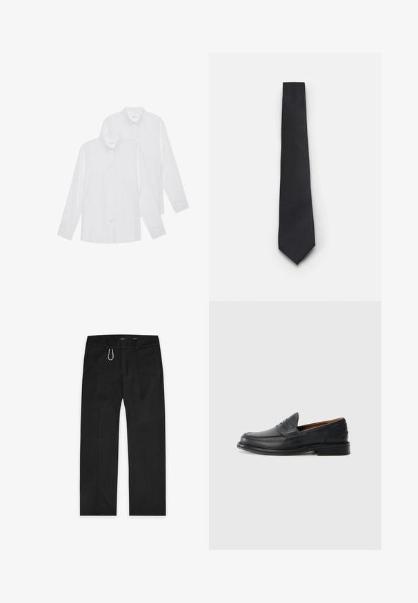 Gray wool cardigan featuring a V-neck, long sleeves, five buttons, and a white logo on the left side. Soft texture, relaxed fit.; White long-sleeve shirts in a pack of two, featuring button-up fronts, collar, and cuffs, made from a smooth fabric with no patterns.; Black trousers made from woven fabric, featuring a straight-leg design, two side pockets, a front zipper, and an exterior loop detail.; Black leather loafers with a stitched design, rounded toe, low stacked heel, and slip-on style. Smooth texture with slight shine.; Narrow black tie with a textured, diagonal ribbed pattern. Features a pointed tip and a smooth finish. Suitable for formal wear.