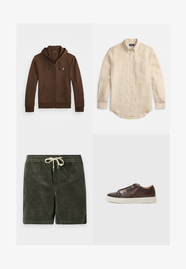 Sweatshirt castanho com fecho éclair, capuz ajustável com cordão, bolsos frontais e um pequeno logótipo no lado esquerdo do peito. Feita de um tecido suave com punhos canelados.; Camisa bege de manga comprida com botões, riscas verticais brancas, gola com botões, bolso no peito e etiqueta "Polo Ralph Lauren" no interior da gola.; Bermudas de corduroy verde-escuro com um cinto de cordão ajustável. Apresenta textura riscada verticalmente e extremidades do cordão com ponta de metal.; Sapatilha de couro castanho com bico arredondado, sola de borracha branca em contraste, detalhes costurados e sem atacadores visíveis. Textura lisa em todo o conjunto.