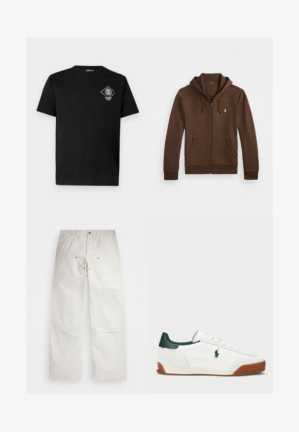 Rudas užtraukiamas džemperis su raišteliu ant kapuco, priekinėmis kišenėmis ir maža logotipo etikete kairiajame krūtinės šone. Pagamintas iš minkštos medžiagos su pūsto audinio rankogaliais.; Juodas medvilninis marškinėlis su apvalia iškirpte, ant kairės krūtinės pusės yra baltos spalvos rombo formos logotipo ženklelis. Trumpomis rankovėmis, lygios tekstūros.; Balti medvilniniai kelnės su laisvu siluetu, su priekinėmis kišenėmis, auksiniais akcentais ir kelių apsaugomis.; Baltos sportbačiai su žaliais odiniais akcentais ir šviesiai ruda guma. Turi audinio kūną ir išsiskiriančią logotipą šone. Su raišteliais.