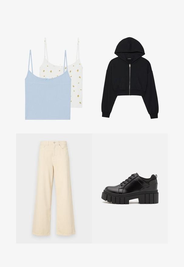 Hoodie corto negro con cremallera frontal, capucha grande y bolsillo delantero. Fabricado con un suave tejido texturizado y puños acanalados. Diseño simple.; Dos camisetas de tirantes, una de color azul claro y otra blanca con patrones florales amarillos. Ambas cuentan con tejido acanalado y tirantes delgados ajustables.; Jeans de pierna ancha beige fabricados en algodón. Cuentan con un cierre de botón, presillas para cinturón y bolsillos frontales con una textura suave y lisa.; Zapatos de plataforma de cuero negro con un tacón cuadrado grueso, punta redonda y diseño tradicional de cordones. Presenta una textura suave y un detalle minimalista.