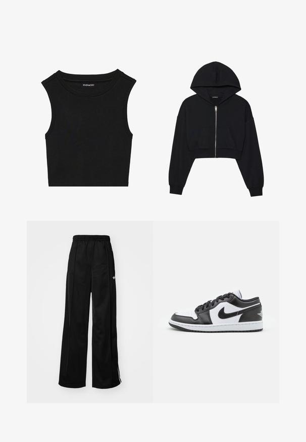 Schwarzer, kürzer geschnittener Hoodie mit Reißverschluss vorne, großer Kapuze und Vordertasche. Hergestellt aus weichem, strukturiertem Stoff mit gerippten Bündchen. Schlichtes Design.; Schwarzes ärmelloses Crop-Top mit gerippter Textur. Es hat einen runden Ausschnitt und breite Schulternaht. Hergestellt aus einem dehnbaren Stoff.; Schwarze weiter Schnitt Jogginghose mit elastischem Bund, mit weißen Seitenstreifen und kleinem Logo auf der linken Hüfte. Glatte Stofftextur.; Schwarz-weiße Nike Low-Top-Sneaker verfügen über ein glattes Leder-Obermaterial, eine runde Zehenpartie, eine Schnürung und eine gemusterte Gummisohle.