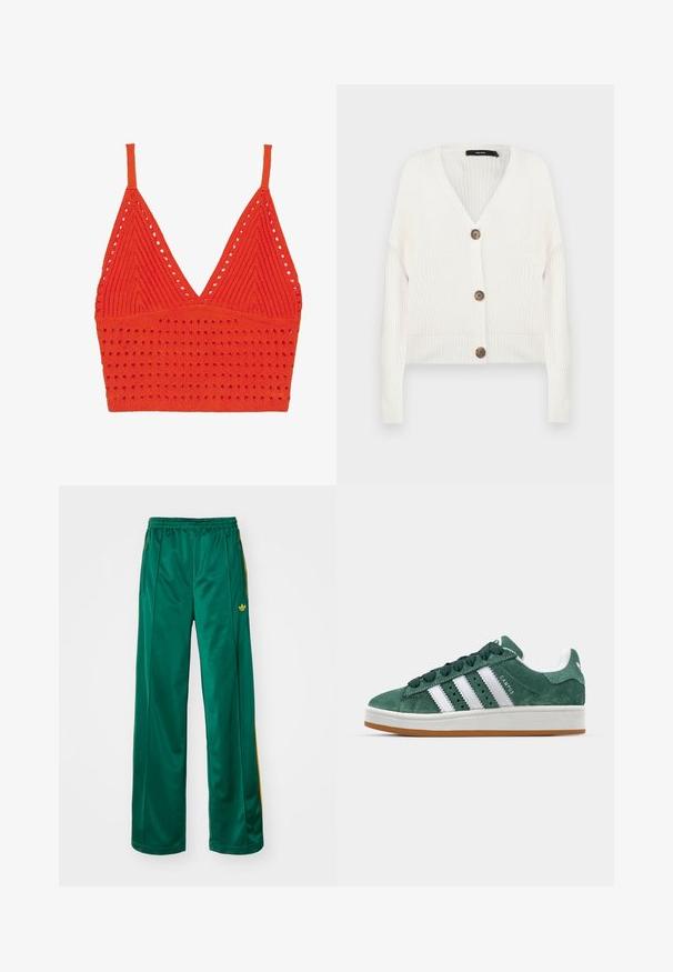 Vit stickad cardigan med långa ärmar, v-ringning och fem bruna knappar framtill; har ribbade mudd och fåll. Strukturerad tyg.; Röd stickad bikinitopp med V-ringning, tunna axelband, texturerat mönster med håligheter och en figurnära kant längst ner.; Gröna satinpants med avslappnad passform, med gula randdetaljer och en broderad logotyp på vänster sida. Elastisk midja.; Gröna mockaskor med vita läderränder, gummisula, vadderad krage och minimalistisk design. Har varumärke på sidan.