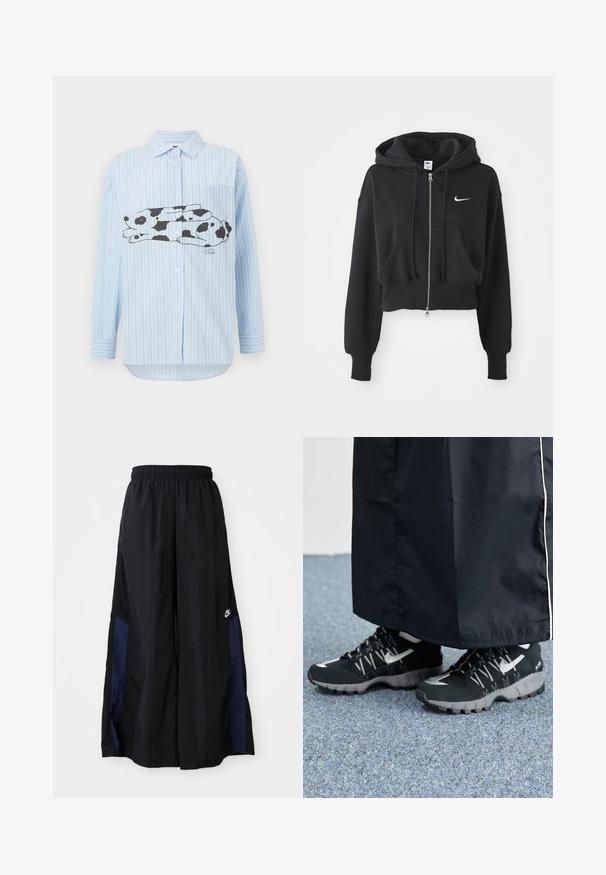 Moletom preto cortado feito de uma mistura de algodão, com fecho à frente, dois bolsos, capuz com cordão e um logo da Nike em branco no peito.; Camisa de manga longa às riscas azul clara, com uma ilustração em preto e branco de um coelho deitado na parte da frente. Colarinho abotoado e detalhe de bolso.; Calças largas pretas feitas de tecido leve, com um painel lateral azul-marinho e cintura elástica. Pequeno logótipo branco na parte inferior.; Tênis atléticos pretos com um cabedal texturizado, detalhes prateados e um solado estampado, combinados com uma peça longa preta. Ambientado sobre um tapete azul.