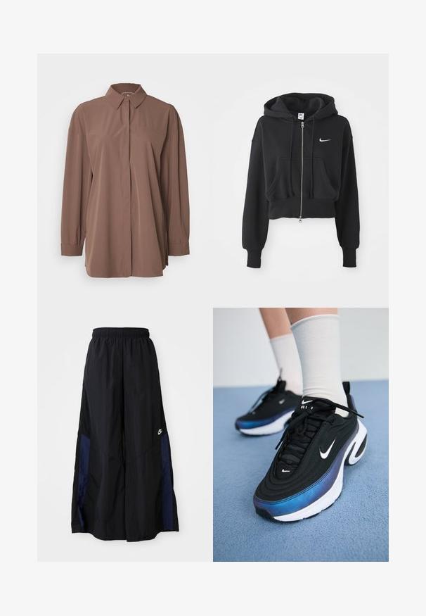 Skrajšana črna kapuca iz mešanice bombaža, z sprednjim zadrgo, dvema žepoma, kapuco na vezanje in belim Nike logotipom na prsih.; Rjava dolg rokav s smooth tkanino, s ovratnikom, gumbom spredaj, žepom na prsih in rebrastimi detajli na manšetah.; Črne široke hlače iz lahkega materiala, z morsko modrim stranskim panelom in elastičnim pasom. Majhna bela oznaka na dnu.; Črne Nike športne copate z gladkim zgornjim delom iz tkanine, ki imajo gradientni dizajn od modre do črne, belo podplat in izrazite logotipne akcenta.