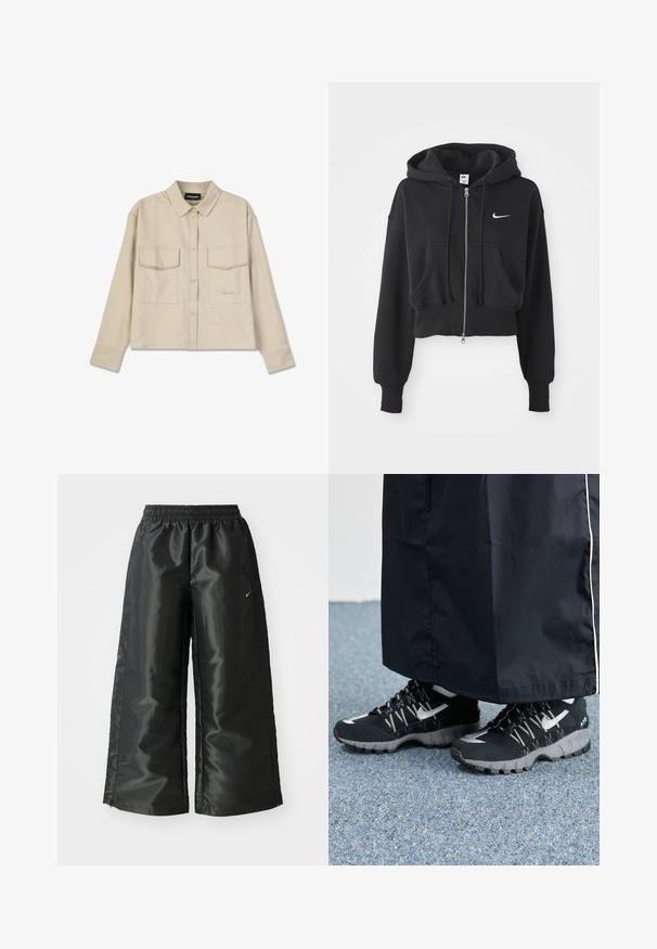 Skračená čierna mikina z bavlneného zmesi, s predným zipsom, dvoma vreckami, kapucňou so šnúrkou a bielym logom Nike na hrudi.; Béžová košeľa na gombíky s golierom, dlhými rukávmi a dvoma náprsními vreckami. Má vyšívané logo a hladkú, jemnú textúru.; Čierne športové nohavice s lesklým, hladkým materiálom, ktoré majú elastický pás, široké nohavice a malé logo na ľavej strane.; Čierne športové topánky s textúrovaným vrchom, striebornými akcentmi a vzorovanou podrážkou, skombinované s čiernym dlhým odevom. Umiestené na modrom koberci.