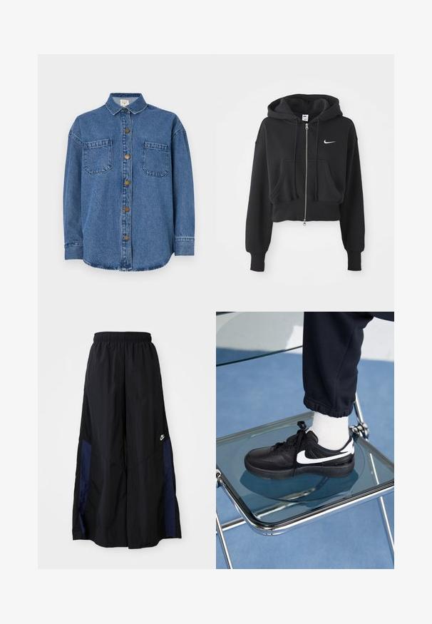Haut à capuche noir coupé, fabriqué en mélange de coton, avec une fermeture éclair à l'avant, deux poches, une capuche à cordon de serrage et un logo Nike blanc sur la poitrine.; Chemise en denim bleu moyen, avec un devant à boutons, deux poches poitrine et un col. Manches longues avec poignets à boutons.; Pantalons larges noirs en tissu léger, avec un panneau latéral bleu marine et une taille élastique. Petit logo blanc en bas.; Baskets Nike noires avec des accents blancs, présentant une texture en cuir lisse, un design à lacets et un bout rond, placées sur une chaise en verre.