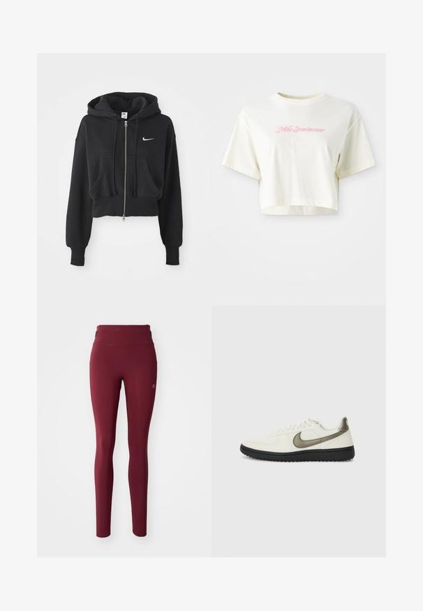 Haut à capuche noir coupé, fabriqué en mélange de coton, avec une fermeture éclair à l'avant, deux poches, une capuche à cordon de serrage et un logo Nike blanc sur la poitrine.; T-shirt cropped de couleur crème en coton. Présente un logo brodé rose avec l'inscription "Nike Sportwear". Manches courtes et encolure ronde.; Leggings bordeaux taille haute avec un petit logo circulaire sur la cuisse supérieure, présentés sur un fond blanc uni.; Nike Sportswear FIELD GENERAL - Baskets basses - off-white/black