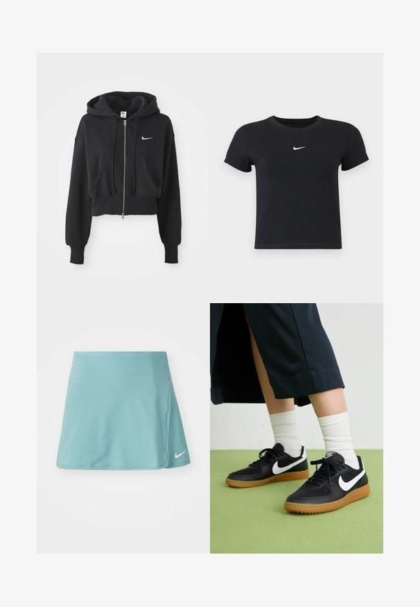 Kuttet svart hettegenser laget av bomullsblanding, med frontglidelås, to lommer, snorhette og et hvitt Nike-logo på brystet.; Svart T-skjorte med kort arm laget av bomull med rund hals. Har en hvit Nike-logo på brystet, minimalistisk design og tettsittende fasong.; Lys blå treningsskjørt laget av glatt, stretchy stoff. Har en sidelærslag og en liten hvit Nike-logo nederst foran.; Sorte lær- og syntetiske joggesko med hvit Nike swoosh, gummisåle, rund tå og sorte lisser. Ribbet hvite sokker synlige.