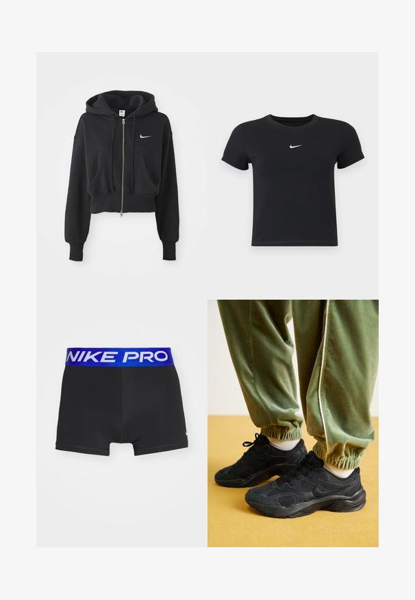 Afgekorte zwarte hoodie van een katoenmix, met een ritssluiting aan de voorkant, twee zakken, een capuchon met trekkoord en een witte Nike-logo op de borst.; Zwarte katoenen t-shirt met korte mouwen en ronde hals. Voorzien van een wit Nike-logo op de borst, minimalistisch ontwerp en een aansluitende pasvorm.; Zwarte sportshorts met een brede blauwe elastieken tailleband met "NIKE PRO" in het wit. Glad materiaal, aansluitend ontwerp, boven de knie lengte.; Zwarte sport sneakers met gaas en synthetische overlays, een gestructureerde zool, gecombineerd met groene jogginbroeken met elastische boorden, op een gele ondergrond.