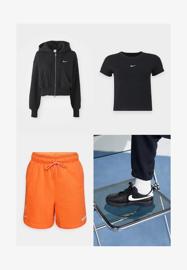 Hanorac scurt de culoare neagră, realizat dintr-un amestec de bumbac, cu fermoar frontal, două buzunare, glugă cu șnur și un logo Nike alb pe piept.; Tricou negru cu mânecă scurtă, din bumbac, cu decolteu rotund. Prezintă un logo alb Nike pe piept, design minimalist și croială ajustată.; Shorts din bumbac portocalii cu talie elastică și șnur. Prezentăm un logo pe piciorul stâng în alb. Textură netedă și design lejer.; Adidași negri Nike cu accente albe, cu o textură de piele netedă, design cu șireturi și vârf rotunjit, așezați pe un scaun din sticlă.