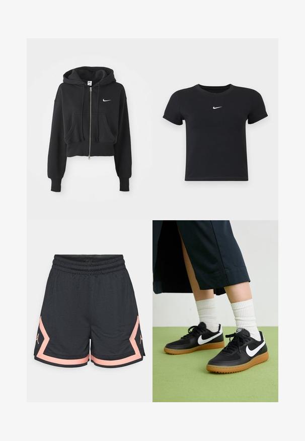 Hanorac scurt de culoare neagră, realizat dintr-un amestec de bumbac, cu fermoar frontal, două buzunare, glugă cu șnur și un logo Nike alb pe piept.; Tricou negru cu mânecă scurtă, din bumbac, cu decolteu rotund. Prezintă un logo alb Nike pe piept, design minimalist și croială ajustată.; Shorts sportive negre dintr-un material texturat, cu talie elastică și accente roz. Prezintă un logo pe lateral în roz asortat.; Sneakers negre din piele și material sintetic cu logo-ul alb Nike, talpă din cauciuc, vârful rotund și șireturi negre. Șosete albe cu nervuri vizibile.