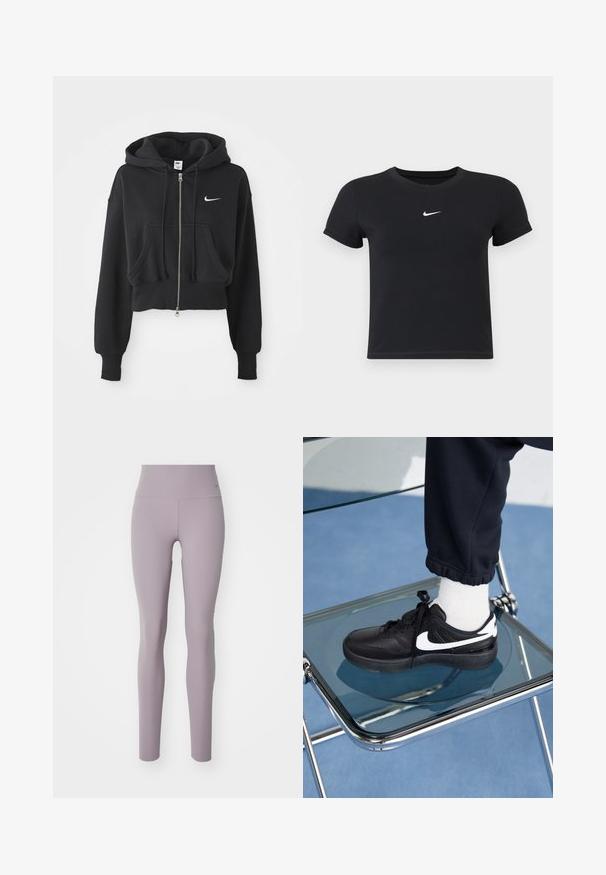 Cropped black hoodie made of cotton blend, featuring a front zip, two pockets, drawstring hood, and a Nike logo in white on the chest.; Black short-sleeve t-shirt made of cotton with a round neckline. Features a white Nike logo on the chest, minimalistic design, and fitted shape.; Nike Performance ZENVY - Leggings - light violet ore/black; Black Nike sneakers with white accents, featuring a smooth leather texture, lace-up design, and rounded toe, positioned on a glass chair.