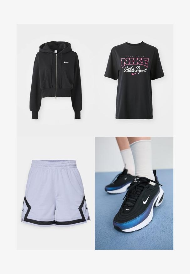 Zkrácená černá mikina z bavlněné směsi, s předním zipem, dvěma kapsami, kapucí na šňůrku a bílým logem Nike na hrudi.; Černé bavlněné tričko s grafickým potiskem v růžové a bílé barvě, se sloganem "JUST DO IT", "NIKE" a "Athletic Depart." Standardní střih.; Světlé fialové sportovní šortky s texturovanou tkaninou, černými akcenty, elastickým pasem a rozparky na stranách pro zvýšenou odolnost.; Černé tenisky Nike s hladkým textilním svrškem, s přechodem barev od modré k černé, bílou podešví a výraznými akcenty loga.