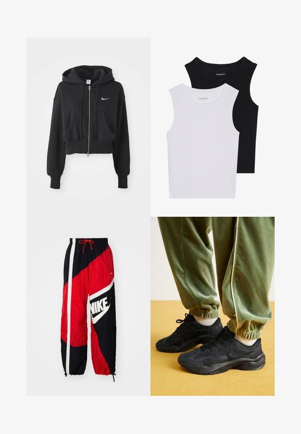 Avskuren svart huvtröja i bomullsmix, med frontdragkedja, två fickor, dragsko på huven och en vit Nike-logga på bröstet.; Två ärmlösa toppar i svart och vitt, tillverkade av ribbat bomull, med rund halsringning och en figurpassande design. Etiketter synliga på båda.; Röda och svarta träningsbyxor med vita detaljer. Har en stor Nike-logotyp, elastisk midja och justerbara muddar. Tillverkade av ett lättviktigt material.; Svarta sportskor med mesh och syntetiska överdrag, texturerad sula, tillsammans med gröna mjukisbyxor med elastiska muddars, på en gul yta.