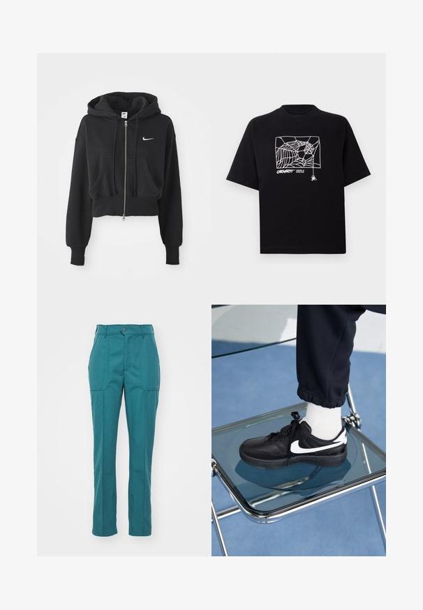 Gekürzter schwarzer Hoodie aus Baumwollmischung, mit einem Frontreißverschluss, zwei Taschen, Kapuze mit Kordelzug und einem weißen Nike-Logo auf der Brust.; Schwarzes T-Shirt aus Baumwolle mit kurzen Ärmeln. Mit einem weißen Spinnennetz-Graphic und Logo auf der Vorderseite. Einfacher runder Ausschnitt.; Türkisblaue Hose aus einem glatten, strukturierten Stoff. Mit einem Knopfverschluss, zwei Vordertaschen und einem geraden Bein-Design.; Schwarze Nike-Sneaker mit weißen Akzenten, die über eine glatte Ledertextur, ein Schnürdesign und eine abgerundete Zehenform verfügen, platziert auf einem Glasstuhl.