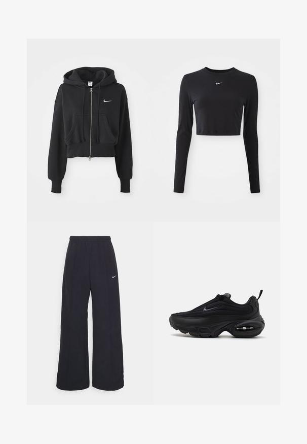 Korthvid sweatshirt i sort af bomuldsblanding, med frontlynlås, to lommer, hætte med snøre og et hvidt Nike-logo på brystet.; Sort langærmet cropped top lavet af blødt stof, med rund halsudskæring og et hvidt Nike-logo på brystet.; Sorte brede bukser med elastisk talje og et lille hvidt Nike-logo. Stoffet har en glat tekstur, designet til komfort og afslappet brug.; Sort atletiksko med en glat, struktureret overdel. Har en rund tå, polstret krave og synlig luftdæmpning i sålen.