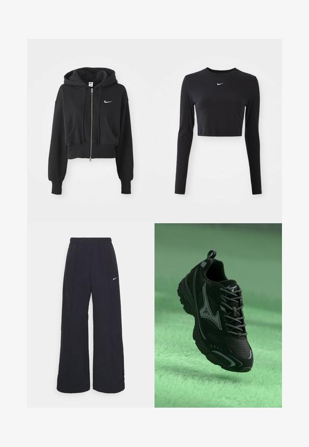 Cropped black hoodie made of cotton blend, featuring a front zip, two pockets, drawstring hood, and a Nike logo in white on the chest.; Black long-sleeve cropped top made of smooth fabric, featuring a round neckline and a white Nike logo on the chest.; Black wide-leg pants with an elastic waistband and a small white Nike logo. Fabric has a smooth texture, designed for comfort and casual wear.; Black athletic shoe with a textured surface, grey accents, and laces. Features a prominent branded logo and a cushioned sole for support.