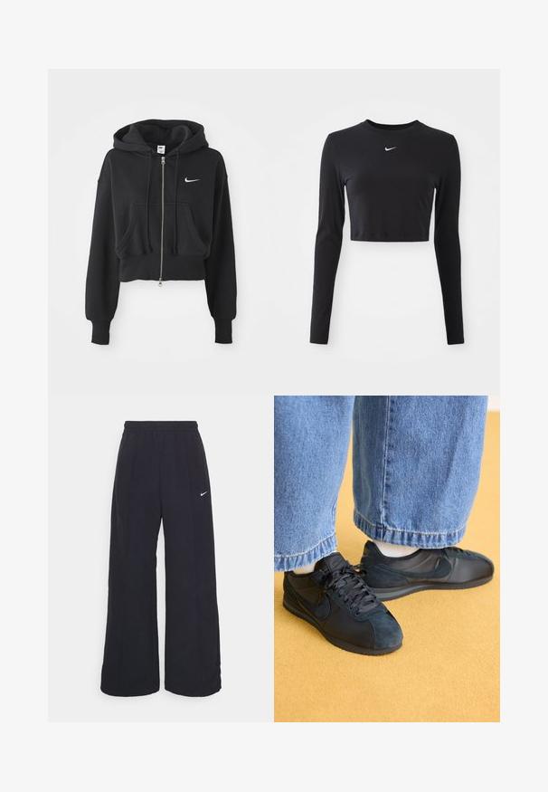 Avskuren svart huvtröja i bomullsmix, med frontdragkedja, två fickor, dragsko på huven och en vit Nike-logga på bröstet.; Svart långärmad kort topp i slätt tyg, med rund halsringning och en vit Nike-logotyp på bröstet.; Svarta byxor med vida ben, elastisk midja och en liten vit Nike-logotyp. Tyget har en slät yta, designad för komfort och avslappnad användning.; Svarta Nike-sneakers i mocka och tyg, med rundad tå, snörning och en texturerad gummisula, tillsammans med blå jeans.