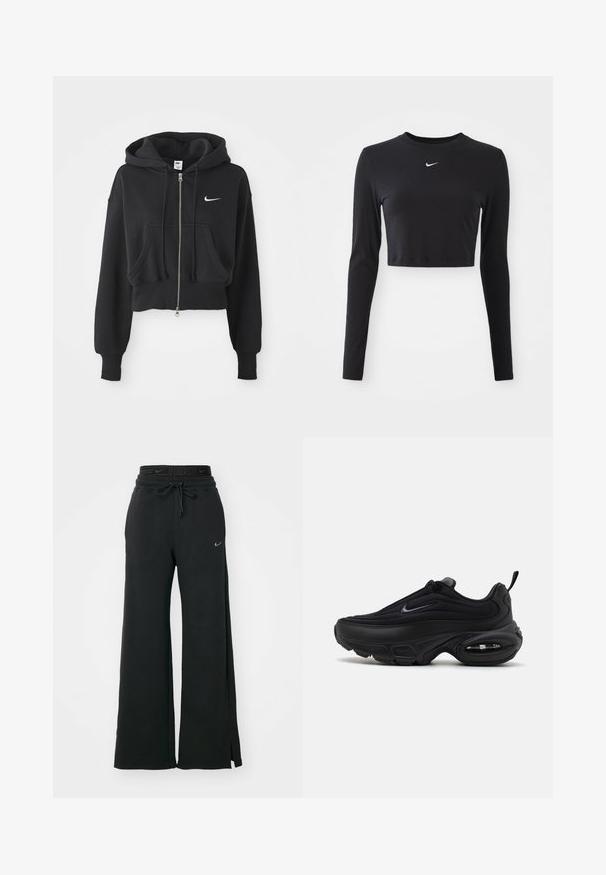 Kuttet svart hettegenser laget av bomullsblanding, med frontglidelås, to lommer, snorhette og et hvitt Nike-logo på brystet.; Svart langermet cropped topp laget av glatt stoff, med rund hals og en hvit Nike-logo på brystet.; Svart, vide joggebukser laget av myk stoff, med snøring i livet, sidespalter og en hvit Nike-logo på venstre side.; Svart atletisk sko med en jevn, teksturert overdel. Har rund tå, polstret krage og synlig luftputefor i sålen.