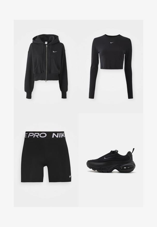 Lyhennetty musta huppari, joka on valmistettu puuvillasekoitteesta, ja siinä on edessä vetoketju, kaksi taskua, nyörillinen huppu sekä valkoinen Nike-logo rinnassa.; Mustat pitkät hihat crop-top, joka on valmistettu sileästä kankaasta. Siinä on pyöreä pääntie ja valkoinen Nike-logo rinnassa.; Mustat urheilu shortsit, joissa on leveä musta vyötärö, jossa lukee "NIKE PRO" valkoisella tekstillä. Sisältää pienen valkoisen Nike Swoosh -logon lahkeessa.; Musta urheilukenkä, jossa on sileä, teksturoitu päällinen. Varustettu pyöreällä kärjellä, pehmustetulla nilkalla ja näkyvällä ilmanalenkulalla pohjassa.