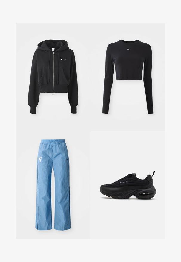 Sudadera negra recortada hecha de una mezcla de algodón, con cremallera frontal, dos bolsillos, capucha ajustable y un logo de Nike en blanco en el pecho.; Top corto de manga larga negro, confeccionado en una tela suave, con un escote redondo y un logo blanco de Nike en el pecho.; Pantalones de pierna ancha de color azul claro, hechos de tela texturizada, con una raya lateral negra y un gráfico de un león blanco en la parte frontal. Incluyen una cintura elástica.; Zapatilla deportiva negra con un upper suave y texturizado. Presenta una puntera redonda, un collar acolchado y una amortiguación de aire visible en la suela.