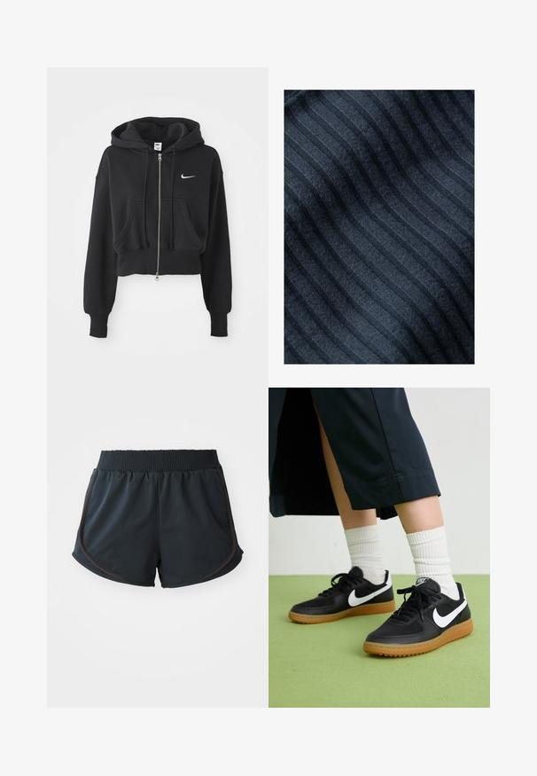 Moletom preto cortado feito de uma mistura de algodão, com fecho à frente, dois bolsos, capuz com cordão e um logo da Nike em branco no peito.; Tecido azul escuro com textura ribada vertical, toque suave e uma aparência ligeiramente felpuda. As riscas estão espaçadas uniformemente e são subtis.; Calções atléticos pretos com uma cintura canelada, com costuras laterais e detalhes castanhos, feitos de um tecido leve e suave.; Sapatilhas pretas em couro e sintético com o logo da Nike em branco, sola de borracha tipo goma, bico redondo e atacadores pretos. Meias brancas com frunces visíveis.