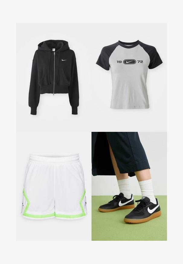 Avskuren svart huvtröja i bomullsmix, med frontdragkedja, två fickor, dragsko på huven och en vit Nike-logga på bröstet.; Grå och svart kortärmad t-shirt med rund halsringning, med en central logotyp och texten "1972" i svart på framsidan.; Vitaidid shorts i ett strukturerat material med neongröna detaljer och en svart logotyp på sidorna. Elastisk midja för komfort.; Svarta läder- och syntetiska sneakers med vit Nike-logga, gummisula, rund tå och svarta snörningar. Ribbad vit strumpor synliga.